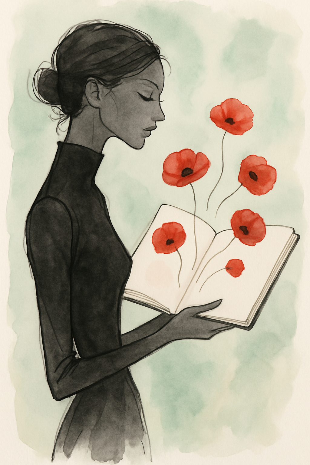 Femme avec carnet et coquelicots